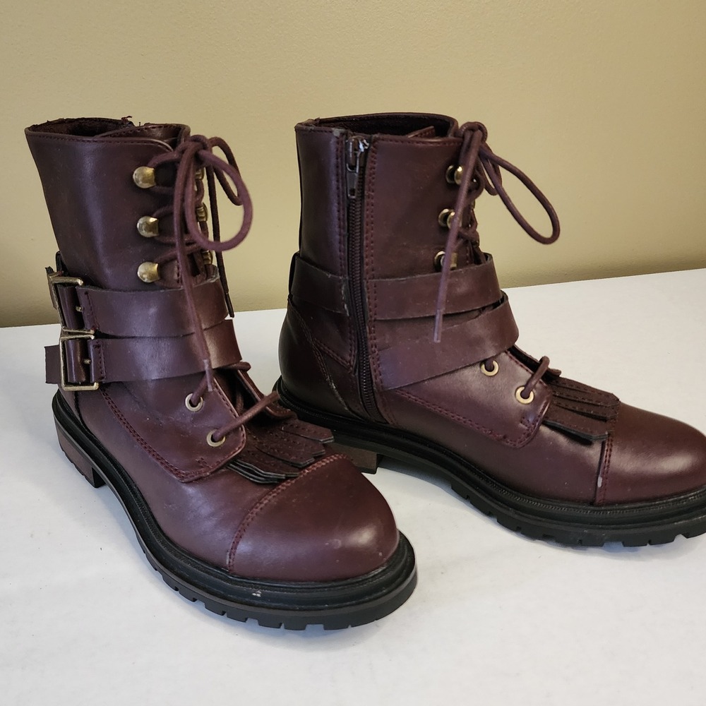 Rocket Dog Size 6 Burgundy Kiltie Moto Combat Boots Buckle Lace Up
